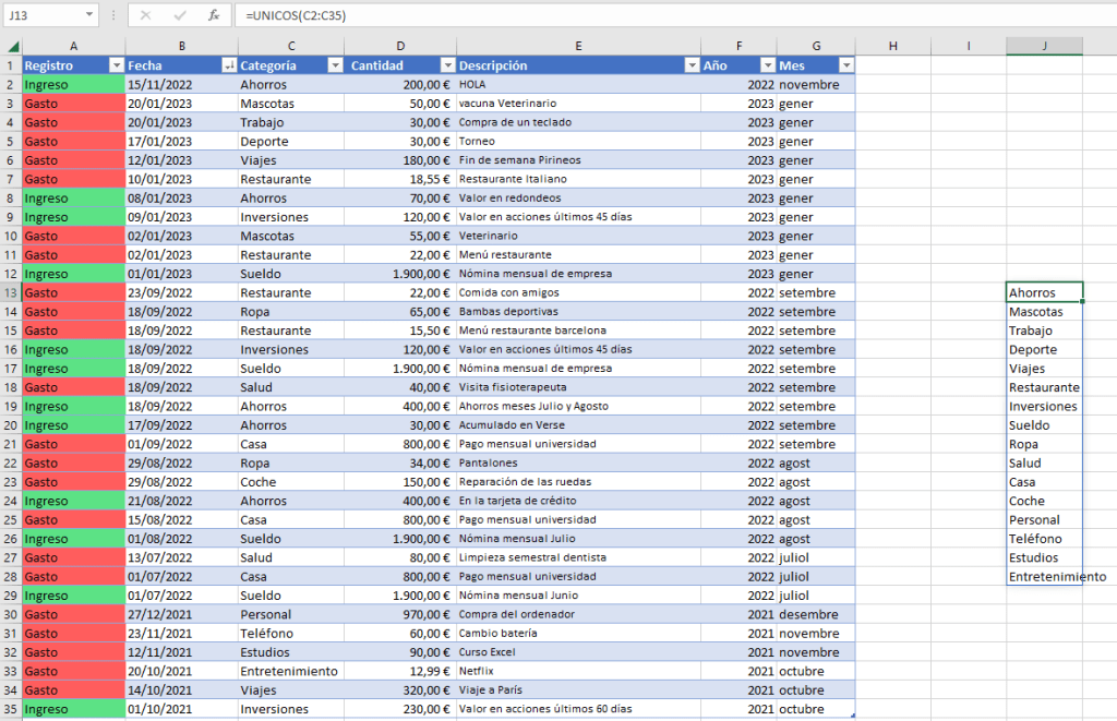 ejemplos de resultado alternativos que ofrece ChatGPT en EXCEL 
