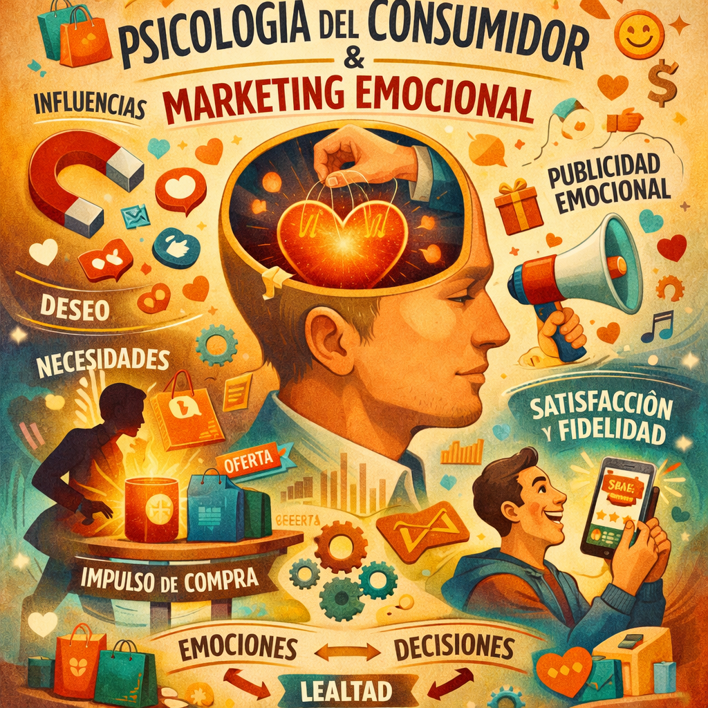 Conceptual illustration showing a man's head with a glowing heart inside, surrounded by icons and terms about consumer psychology and emotional marketing in Spanish.